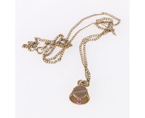 10K stamped 'Hoover' pendant set with ruby on rolled gold chain. 