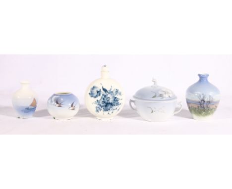 Three Royal Copenhagen vases including swallows (2677 42A), beach scene (2893 396) and fishing boats (2899 395), also a blue 