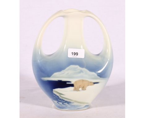 Porsgrund of Norway twin handles porcelain flask vase with polar bear decoration, 24cm tallCONDITION REPORT:Flask is in good 