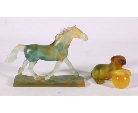 French Daum art glass pate de verre horse model, signed to base rim, 15cm long and a similar dog model (a.f) (2)CONDITION REP