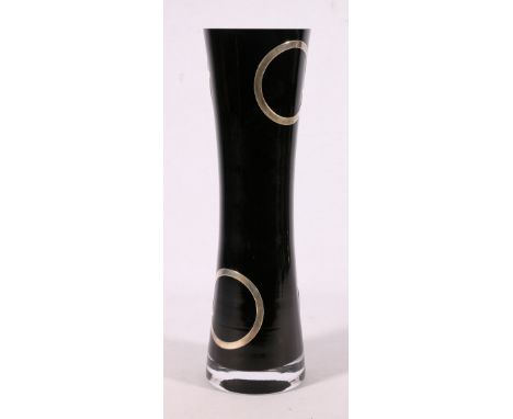 Contemporary black art glass vase of hourglass form with silver "ring" onlay, 34cm tall 