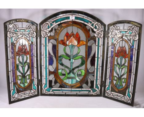 Leaded stained glass triptych firescreen with tulip design, 72cm tall 