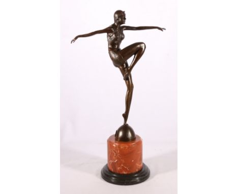 Contemporary Art Deco style bronzed figure of a dancer raised on marble column base, 56cm tall 