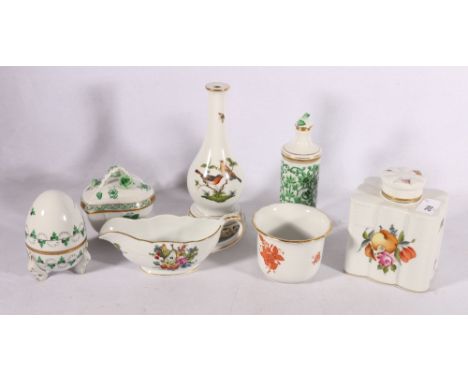 Seven&nbsp;Herend of Hungary hand painted porcelain items including tea caddy 6466 with fruit, floral and mushroom decoration