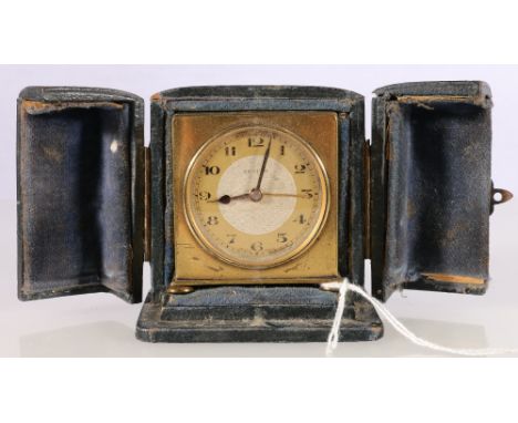 Zenith alarm clock in gilded brass case with leather travel case, 5.5cm tall&nbsp; 