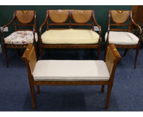 Reproduction bergere three piece parlour suite comprising of a two seater sofa, two open armchairs and a matching window seat