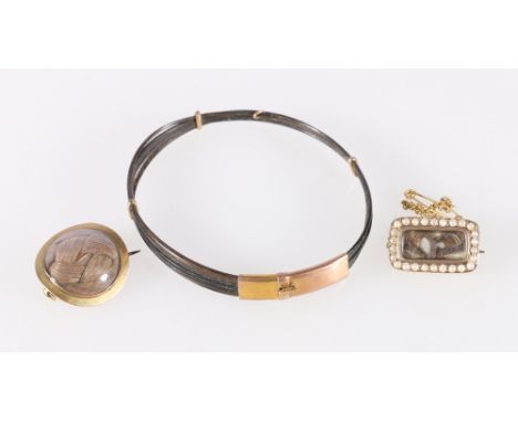 Antique 9ct gold and seed pearl hair filled mourning brooch with safety chain, another hair filled mourning locket and a bang