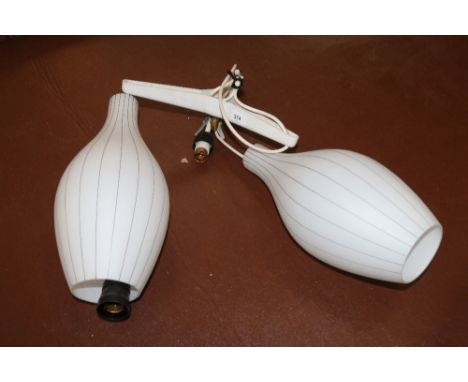 1950/60's triple light ceiling light with baluster art glass shades with striped black detail 
