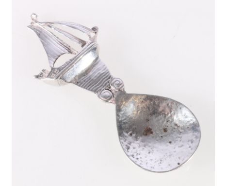 Scottish silver caddy spoon with ship surmount, Edinburgh 1938, maker George Ponton &amp; Son. 