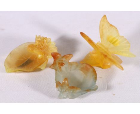 French Daum art glass pate de verre butterfly model 8cm long and two dishes with floral surmounts, each piece signed Daum Fra
