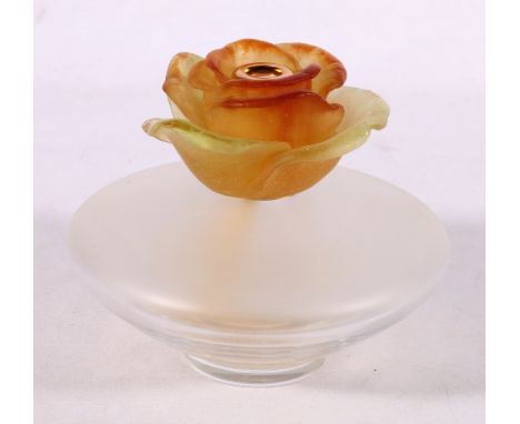 French Daum art glass room atomiser with frosted glass reservoir and pate de verre floral surmount, each piece signed, 15cm t