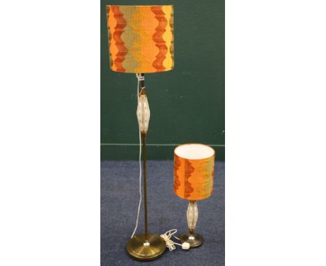 1960's standard lamp with textured pottery column with orange brown shade and a similar table lamp, (2) 