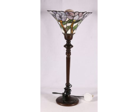 Contemporary bronzed effect table lamp with Tiffany style leaded stained glass trumpet shaped shade, 55cm tall 