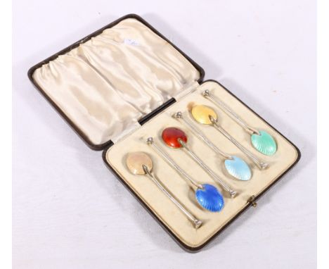 Set of six Art Deco silver and enamelled coffee spoons Birmingham 1936 by&nbsp;Henry Clifford Davis, 50g 