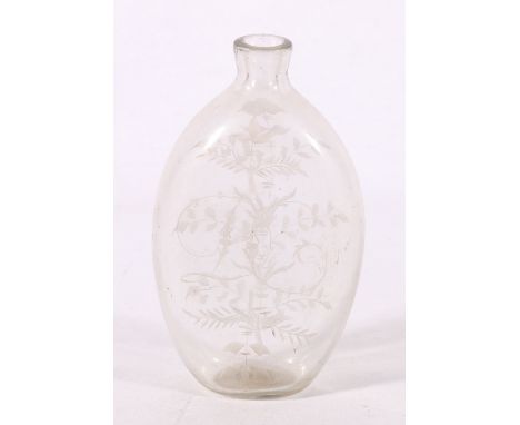 Georgian blown glass flask with etched floral spray design, 16cm tall 