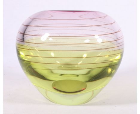 Evolution by Waterford contemporary art glass vase of thistle green and purple colour and swirl design, 20 cm tall 