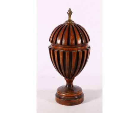 Reproduction treen urn box with pine cone finial, 26cm tall 
