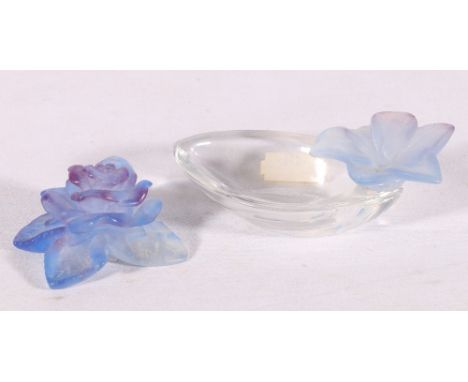 French Daum art glass pate de verre rose model and a clear dish with pate de verre floral surmount, 9.5cm long, both pieces s