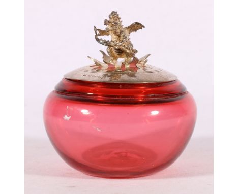 Contemporary cranberry glass potpourri holder with silver rim having dragon finial by&nbsp;M &amp; A Co, London 2001, 10cm ta