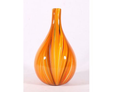 Contemporary Murano style art glass vase of bottle form with orange, red and yellow striations, 32cm 