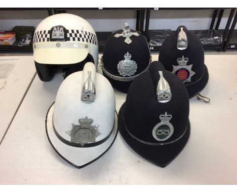 Group of five George VI and Elizabeth II Police helmets for Southend on Sea Constabulary, Glamorgan, Shropshire County &amp; 