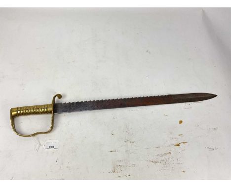 British 1856 pattern Pioneers short sword with ribbed brass stirrup hilt and steel sawback blade by Wilkinson, London, no sca