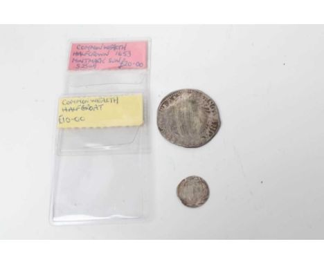 G.B. - Commonwealth silver hammered coins to include Half Crown M/M Sun 1653 (N.B. Clipped, gilded &amp; defaced) otherwise P