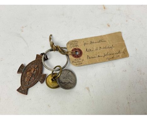 Boer War interest- button, coin and fob with attached label "from Augustus V. Hamilton of Lord Alwyn Comptons Horse, shot at 