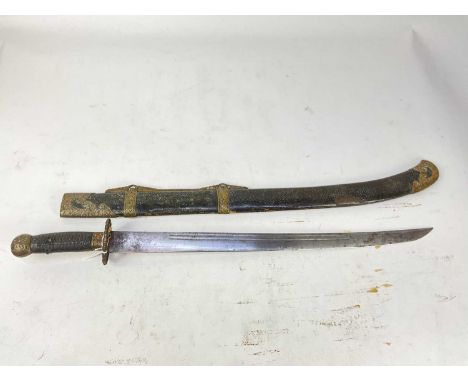 Late 19th century Chinese military sword with brass mounts with scroll work arabesques, leather bound grip, slightly curved f