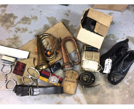 First World War copper military bugle dated 1916, together with another bugle, canvas webbing, leather belts and a set of han