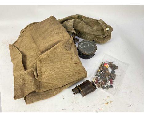 Second World War canvas webbing bag, together with a Second World War aircraft compass, First World War Monocular dated 1914 