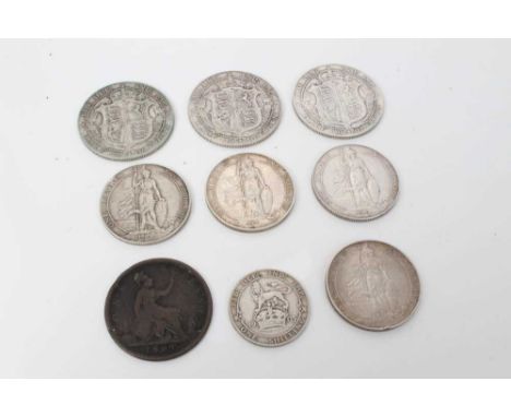 G.B. - Mixed coinage to include bronze Victoria YH Penny 1869 G (rare), Edward VII silver Shilling 1905 VG (rare), Florins 19