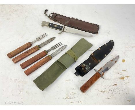 Boy Scouts knife in leather sheath, together with two campaign knife and fork sets in canvas pouch, a hunting knife and a bre