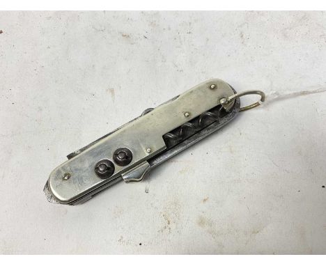 19th century steel bladed horseman's knife by Mappin Brothers with multi blades and tools in nickel frame 14cm overall (close
