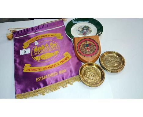 A British Rail pennant, 11 locomotive related brass trays & plaque etc. 