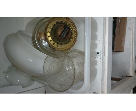 An oil lamp vessel, burner & 2 glass shades
