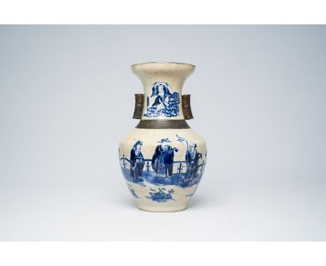 Full title: A Chinese Nanking crackle glazed blue and white 'arrow' vase with the three 'Star God' figures, 19th C.Descriptio
