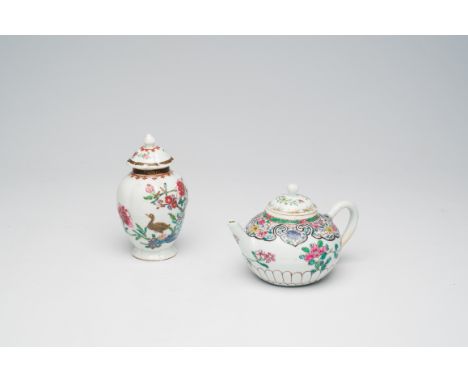 Full title: A Chinese famille rose tea pot and a tea caddy, Yongzheng/QianlongDescription:H 10 - W 15 cm (teapot)  H 13,5 cm 
