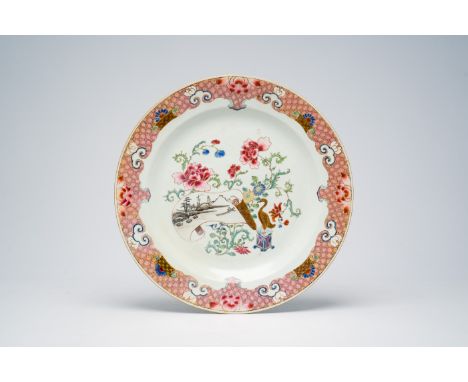 Full title: A Chinese famille rose dish with a scroll and a duck among blossoming branches, Yongzheng/QianlongDescription:Dia