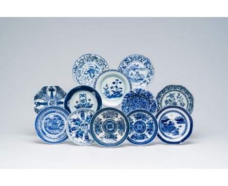 Full title: Twelve Chinese blue and white saucer plates with landscapes, figures and floral design, Kangxi and laterDescripti