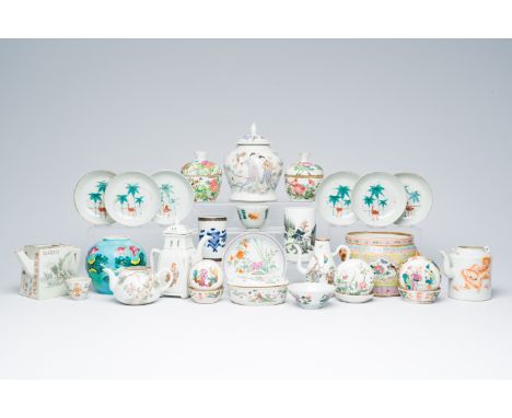 Full title: A varied collection of Chinese famille rose, blue, white, qianjiang cai and iron-red porcelain, 19th/20th C.Descr