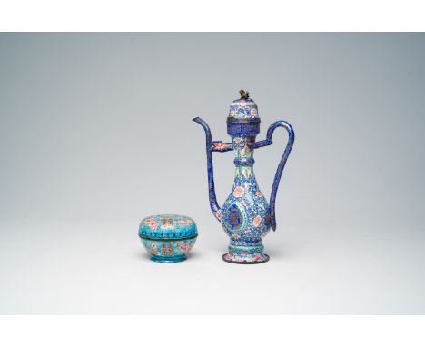 Full title: A large Chinese blue ground Canton enamel ewer and cover and a box and cover with floral design, 18th/19th C.Desc