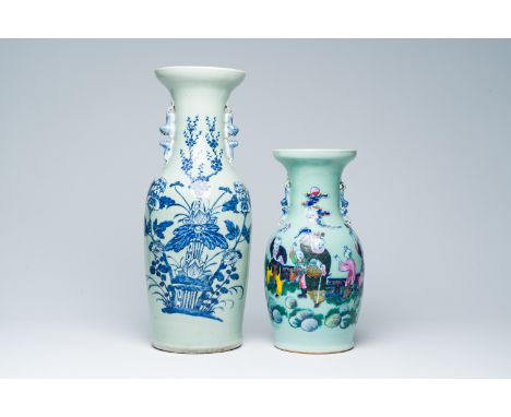 Full title: Two Chinese blue, white and polychrome celadon ground vases with floral design and figures in a landscape, 19th C