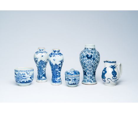 Full title: A varied collection of Chinese blue and white porcelain with landscapes, floral design and antiquities, Kangxi/Qi