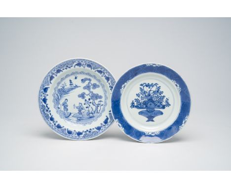 Full title: Two Chinese blue and white plates with a flower basket and an animated scene, Kangxi/QianlongDescription:Dia.: 22