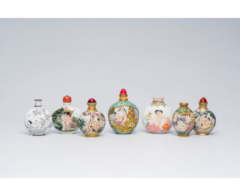 Full title: Seven Chinese famille rose and enamel 'erotic' snuff bottles, 20th C.Description:H 7,5 - 5,5 cm (the largest and 