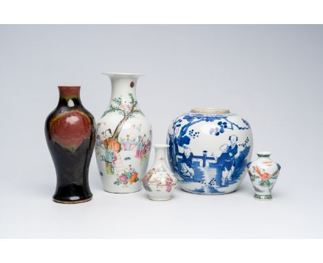 Full title: A Chinese blue and white jar with figures on a terrace and four polychrome famille rose, famille verte and polych