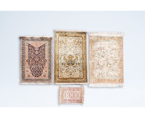 Full title: Four various Oriental rugs with hunting scenes, floral and geometric design, a.o. an Iranian Gashgai rug, wool an