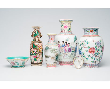 Full title: A varied collection of Chinese famille rose and qianjiang cai porcelain with landscapes, figures and floral desig