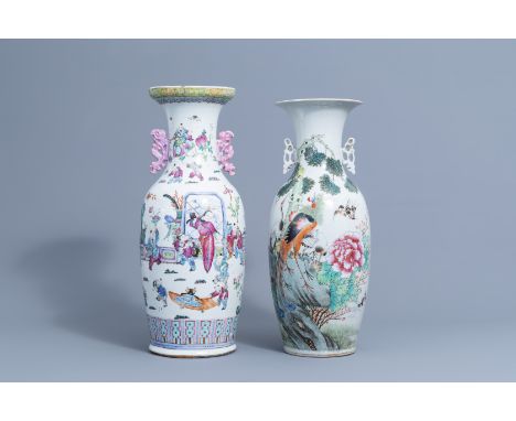 Full title: Two Chinese famille rose vases with figures on a terrace and birds among blossoming branches, 19th/20th C.Descrip